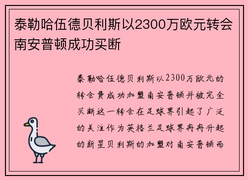 泰勒哈伍德贝利斯以2300万欧元转会南安普顿成功买断